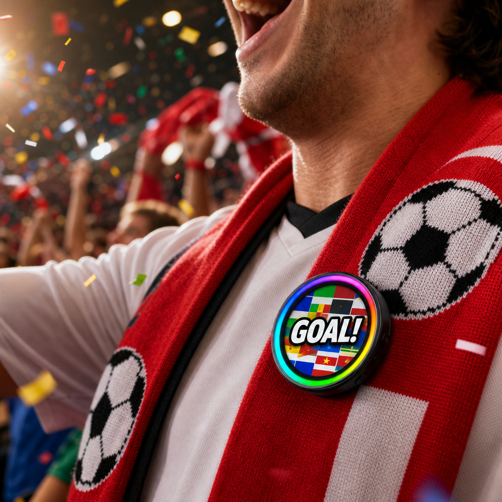 MOODLET Smart Fan Badge displaying a flag and GOAL on game day